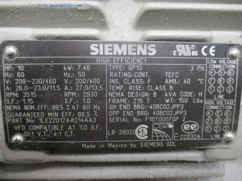 SIEMENS 10 HP 1LE22012AA214AA3 GP10 208-230/460V 26.0-23.0/11.5A NSNP