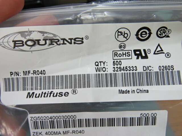 BOURNS MFR040 Qty of 200 per Lot Polymeric PTC Resettable Fuse 60V 400mA Ih Thr