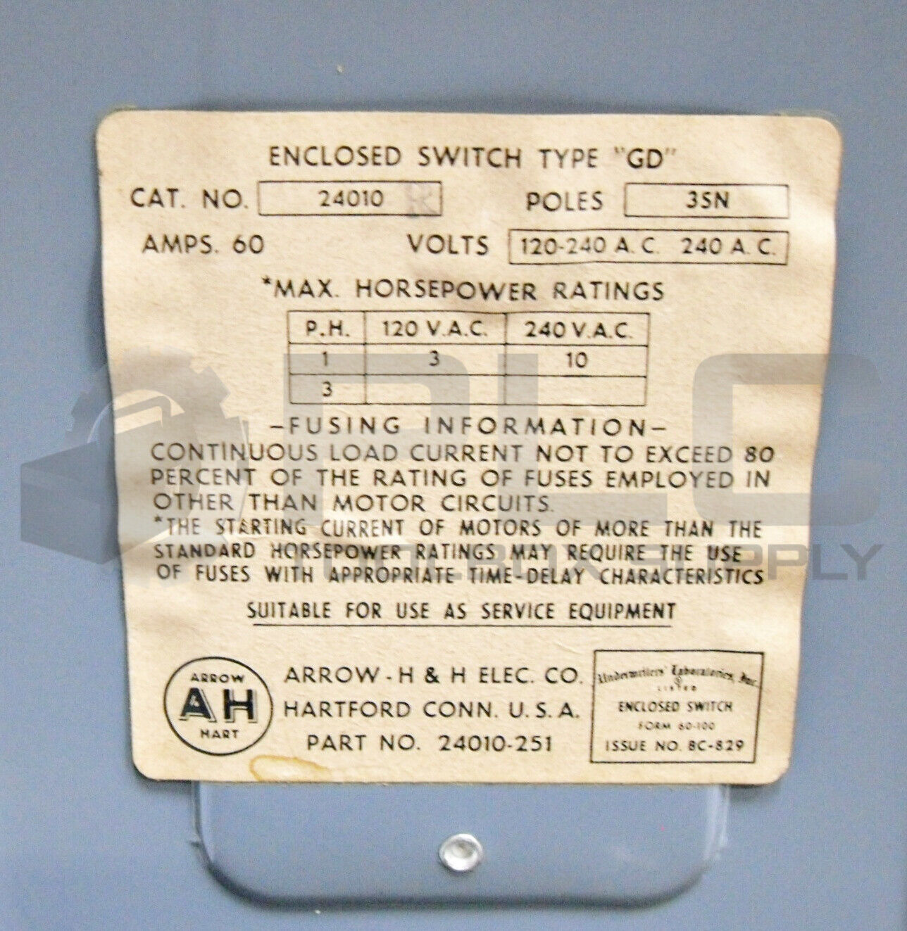 ARROW H & H ELEC. CO. 24010-251 ENCLOSED SWITCH 60AMP 120-240AC 24010