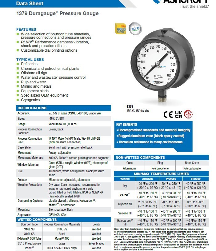 ASHCROFT 60-1379-SS-09L-15000# DURA GAUGE 9/16-18 UNF-2B CONNECTION 15000 PSI