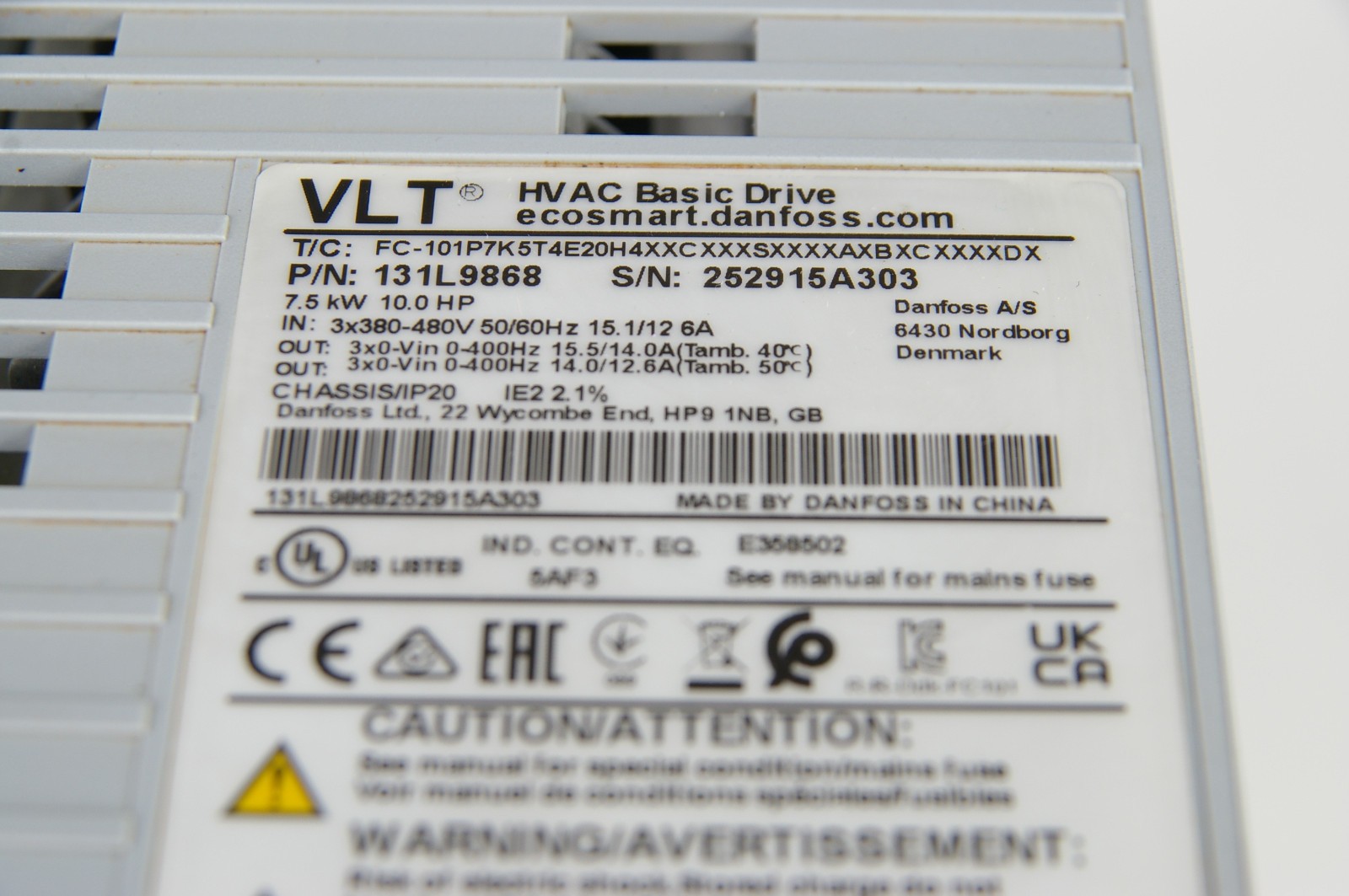 Danfoss 131L9868 Variable Frequency Drive 7.5KW (10HP)