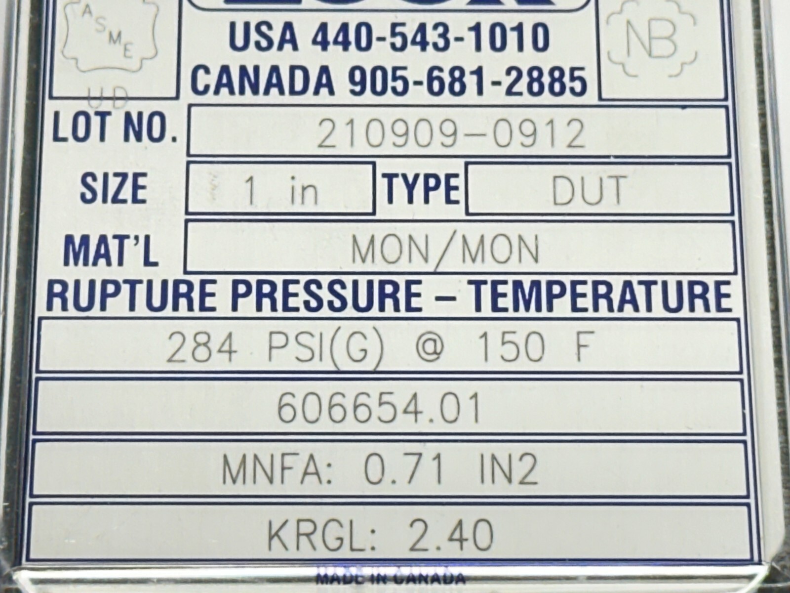 ZOOK D-0025-U00129 210909-0912 DUT Series 1″ Rupture Disk 284PSIG 150F 606654.01