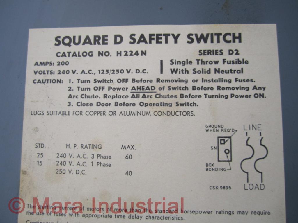 Square D H224N Safety Switch 47795 W/O Neutral Connectors