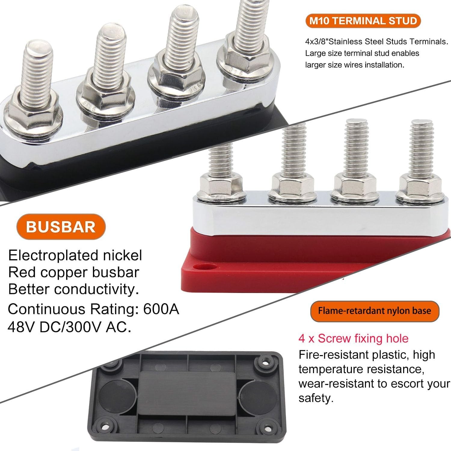 600A Heavy Duty Power Distribution Terminal 4x 3/8- Black& Red