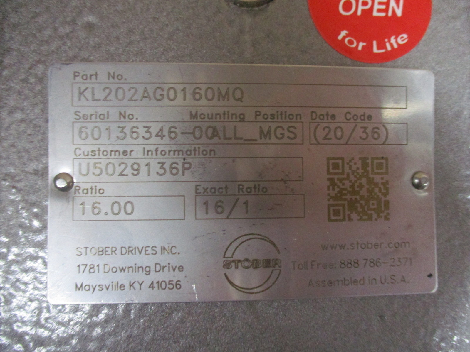 Stober KL202AG0160MQ Right Angle Gearbox 16:1 Mounted