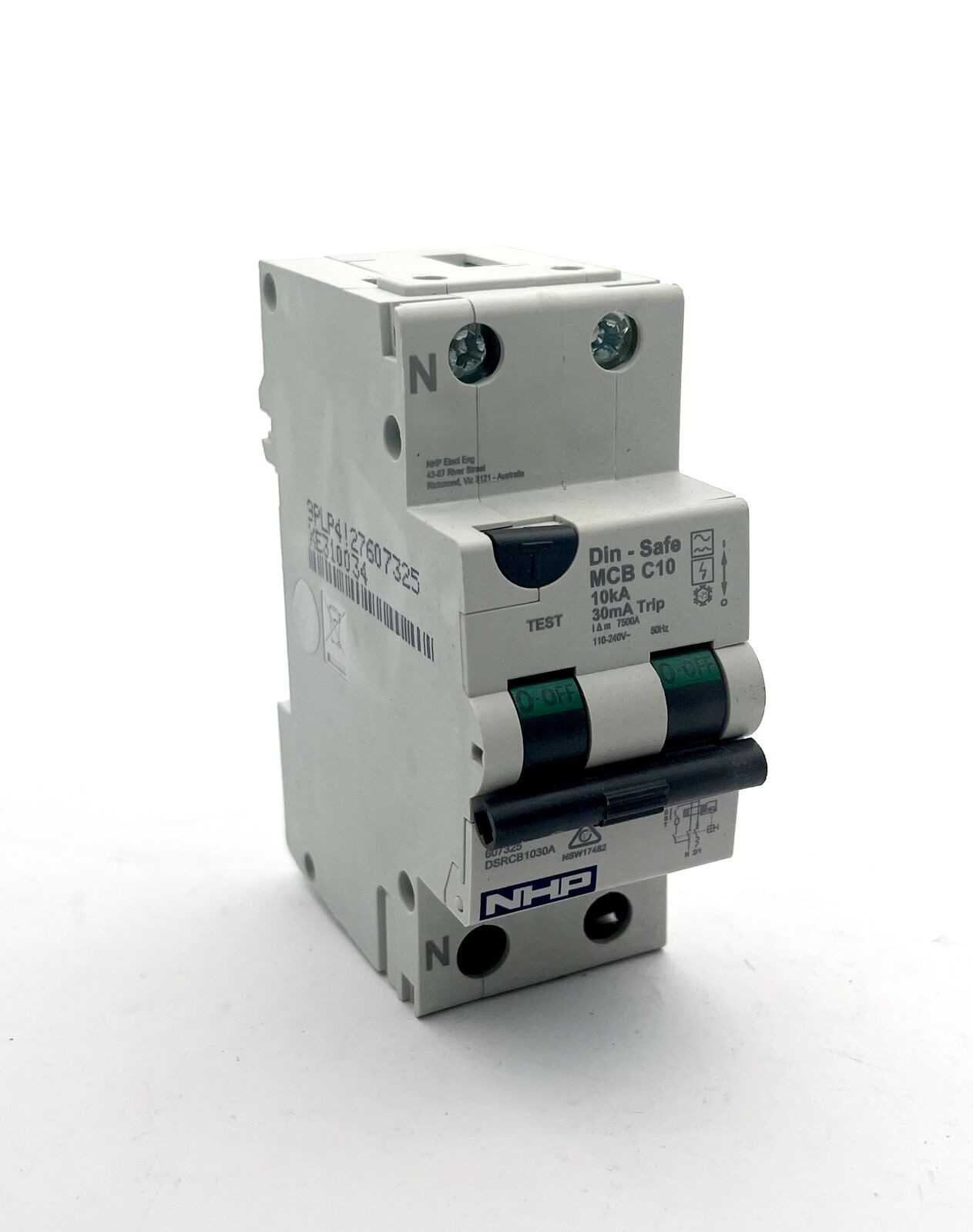 NHP DSRCB1030A Din-Safe MCB C10 10A 10kA 1P+N C Curve 30mA