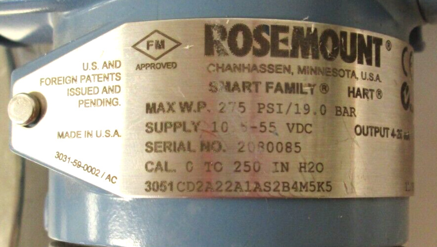ROSEMOUNT SMART TRANSMITTER, HART, 3051CD2A22A1AS2B4M5K5, 3″ 150 FLANGE, SURPLUS