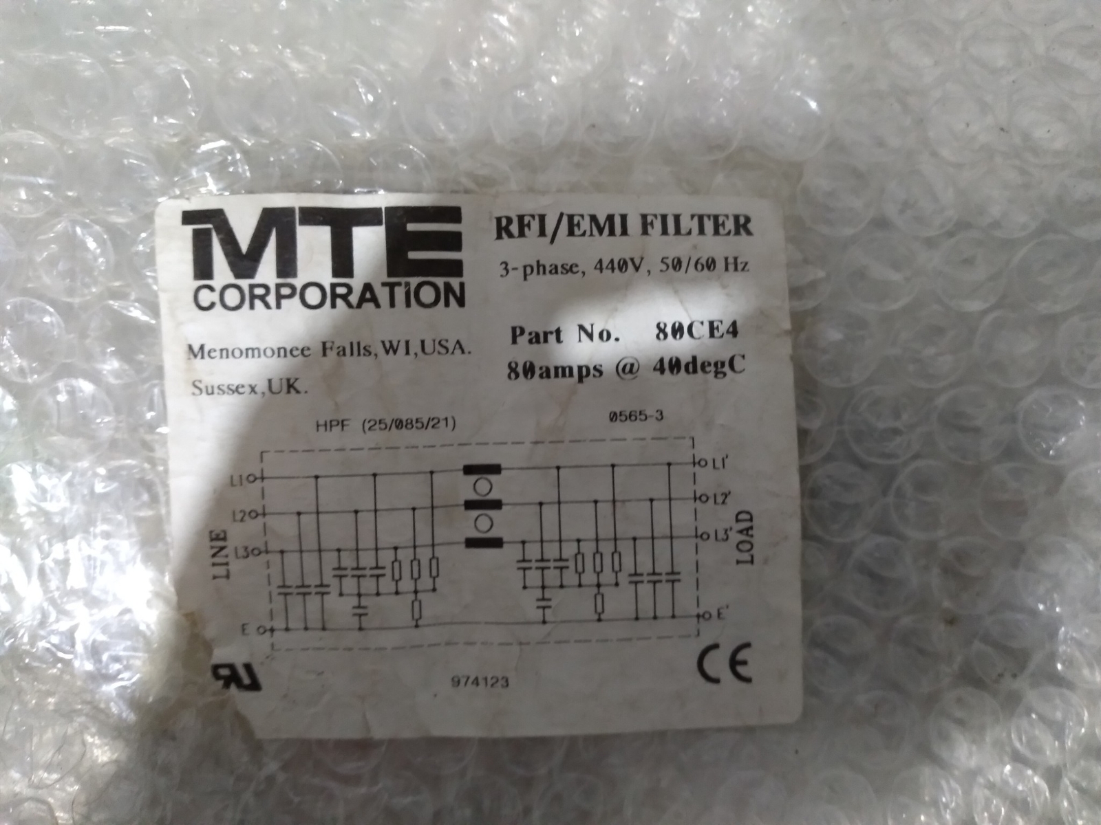 MTE CORPORATION 80CE4 80AMPS RFI/EMI FILTER 3PHASE 440V 50/60HZ