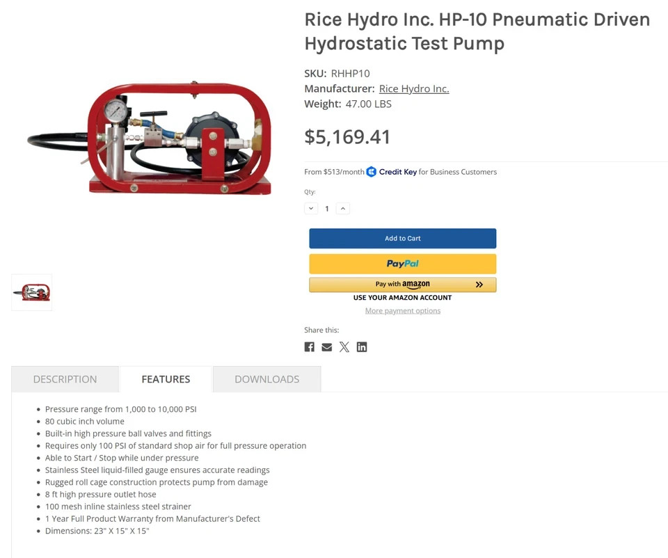 Rice Hydro Inc. HP-10 D5000B105-M130 Pneumatic Driven Hydrostatic Pump 10,000PSI
