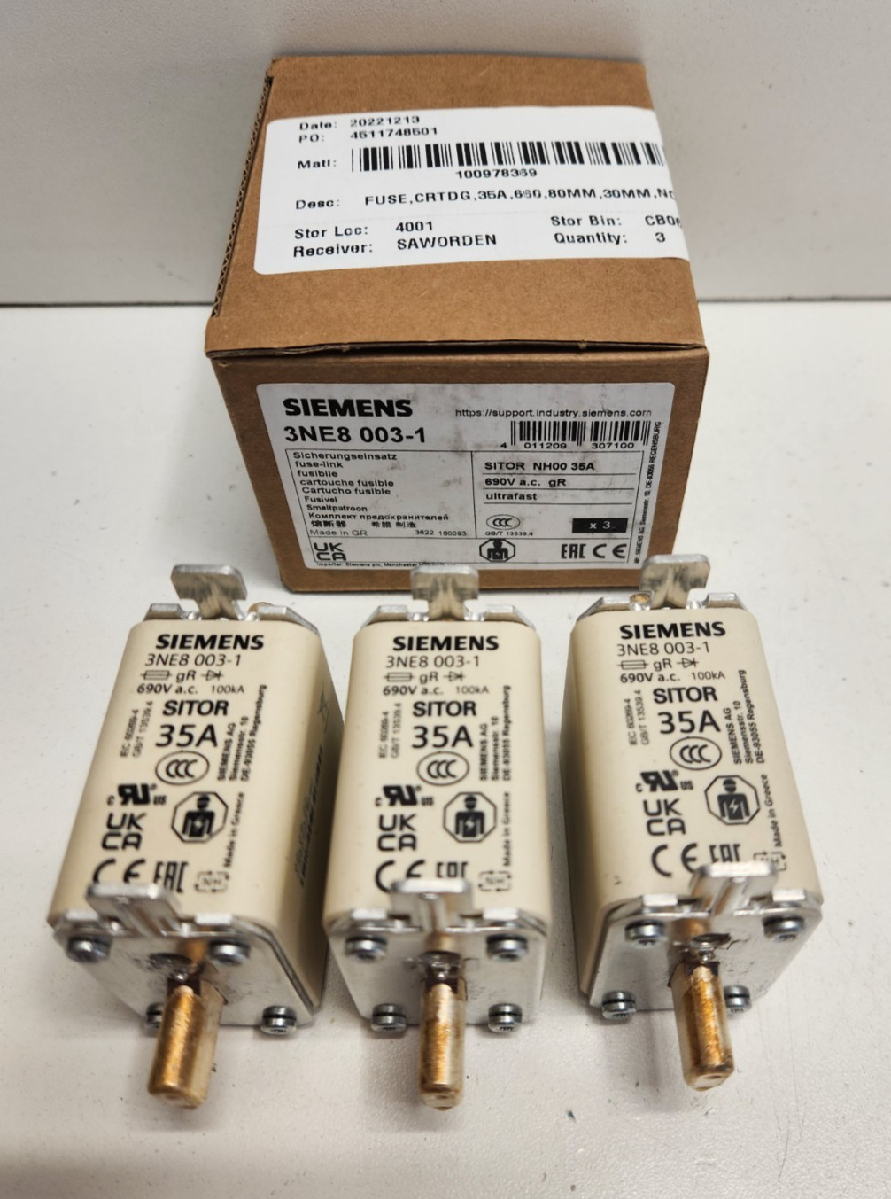 LOT OF 3 NEW IN BOX! SIEMENS 35A 690V SITOR FUSE LINKS 3NE8003-1