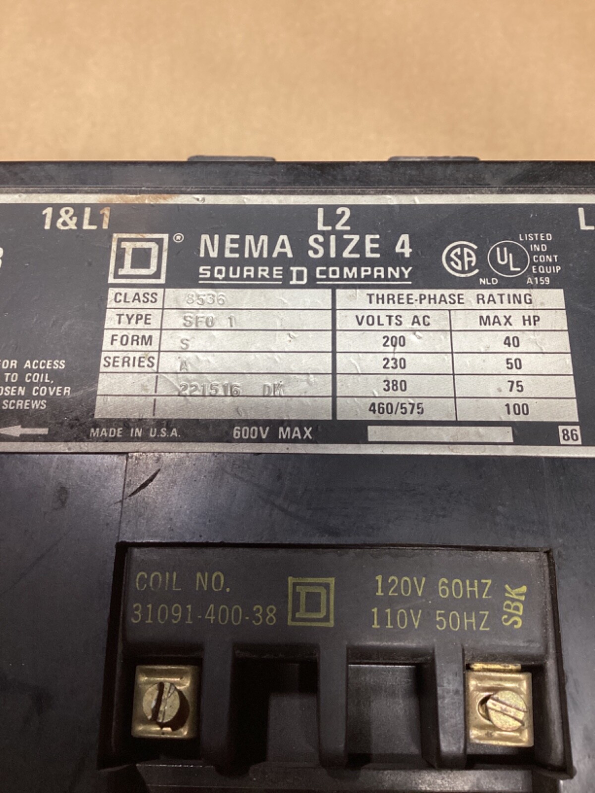 SQUARED NEMA SIZE 4 8536 SERIESA 200/230/380/460/575vac40/50/75/100hp #105F61FML