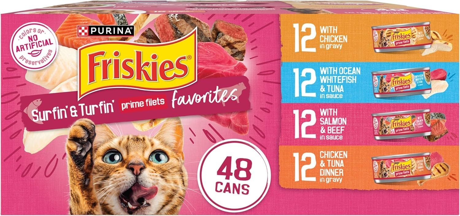 2PK Friskies Surfin’ & Turfin’ Prime Filets Adult Cat Wet Food,Variety Pack,48ct