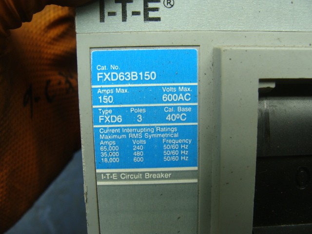 I-T-E SIEMENS FXD63B150 CIRCUIT BREAKER 150A 3 POLE 600 VAC