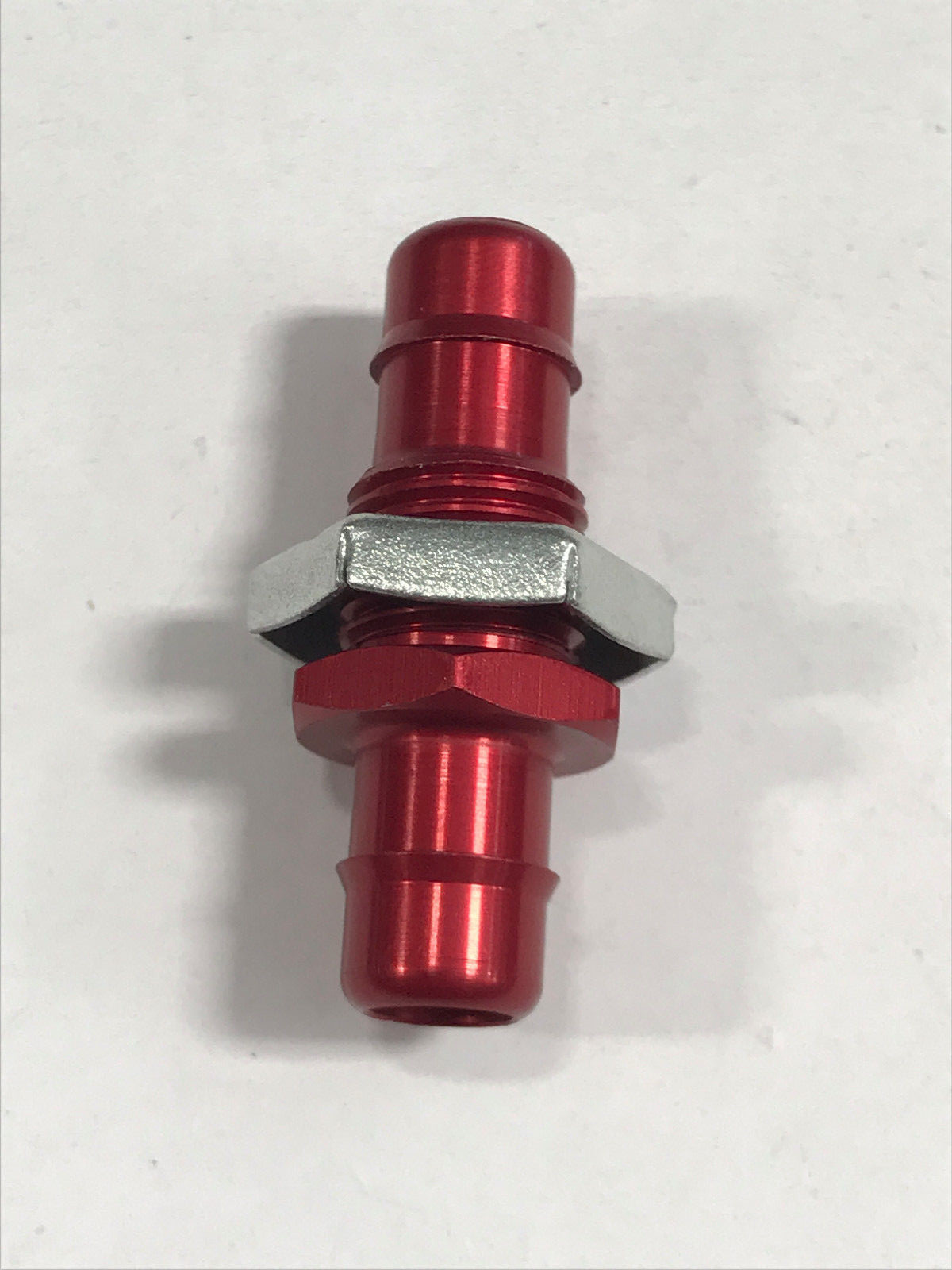 Red anodized aluminum bulkhead fitting 1/2-20 thread to 3/8 ID tubing barb