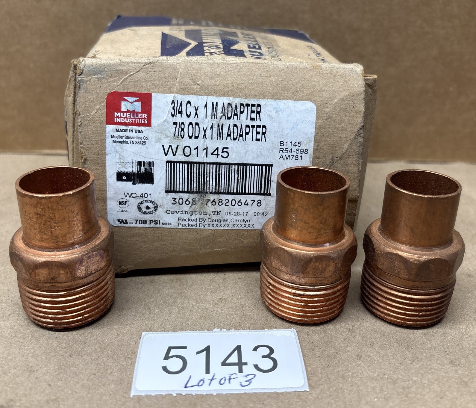Mueller Industry W01145 Copper Pipe Adapter 7/8 x 1 OD (C x MPT) WC-401 Lot of 3
