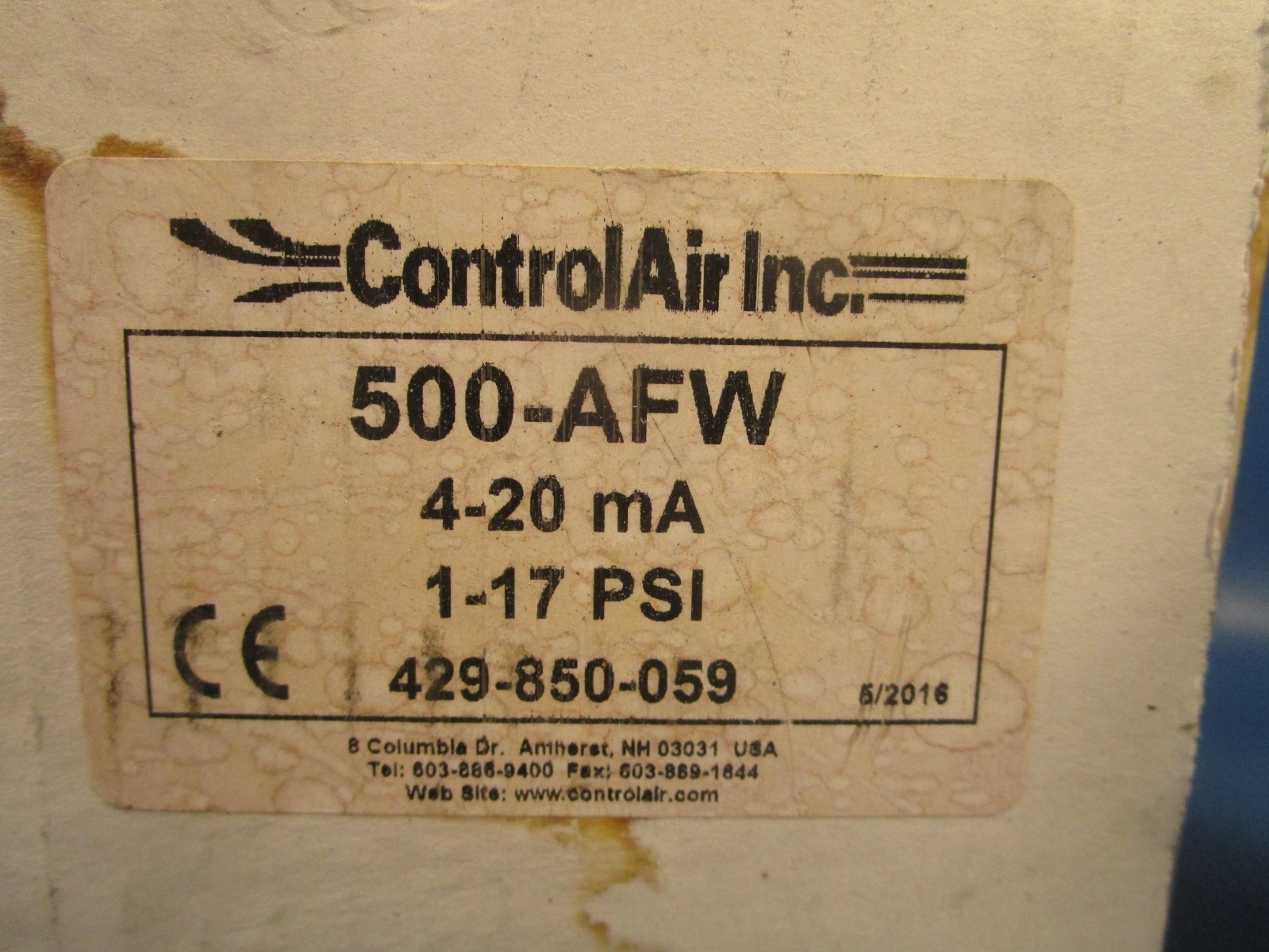 Control Air Inc. 500-AFW, TRANSDUCER, 4-20 mA, 1-17 PSI, ELECTRO-PNEUMATIC