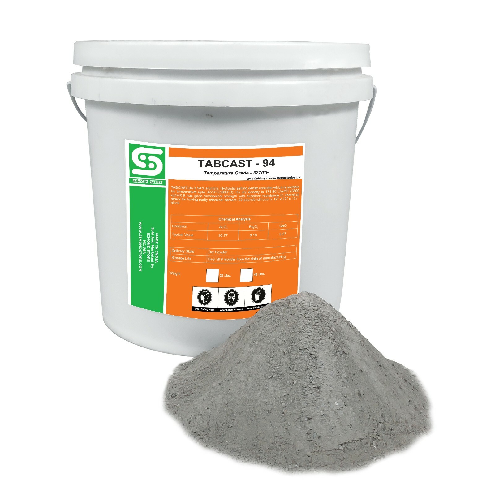 94% Alumina Dense Castable Refractory Cement 44 Lbs.