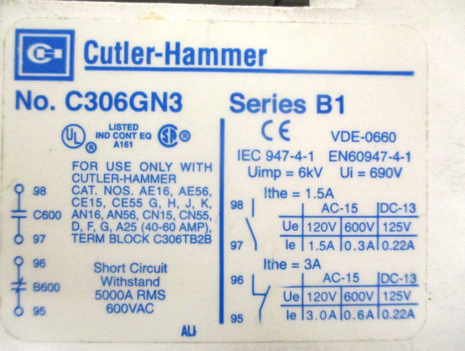 CUTLER HAMMER , C320KGS1 , C306N3 , T3211 , CLEAN – USED