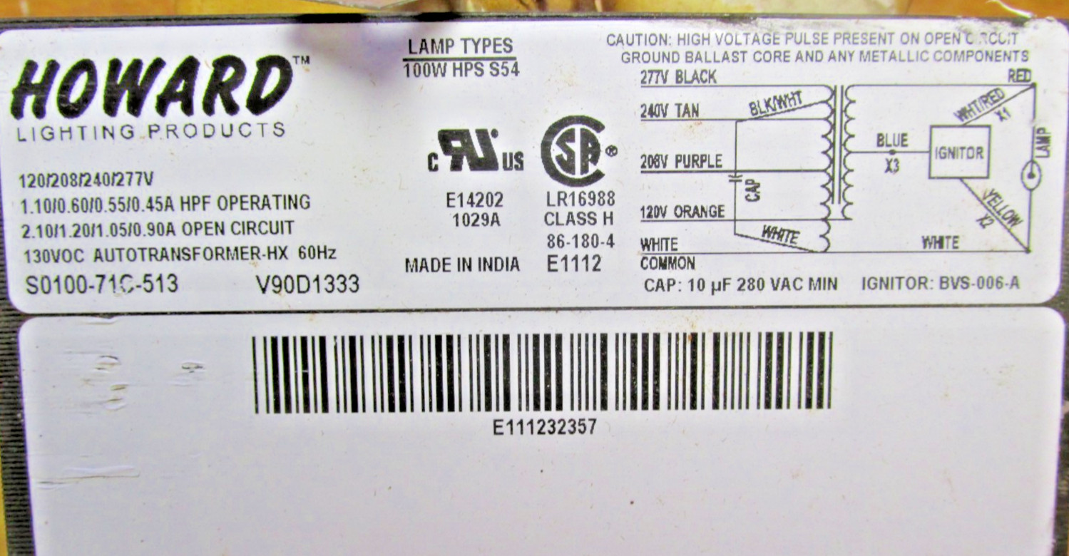 NIB. HOWARD CORE & COIL BALLAST 100W, 120/277V, CAT# S-100-4T-HXH-K .. TW-37