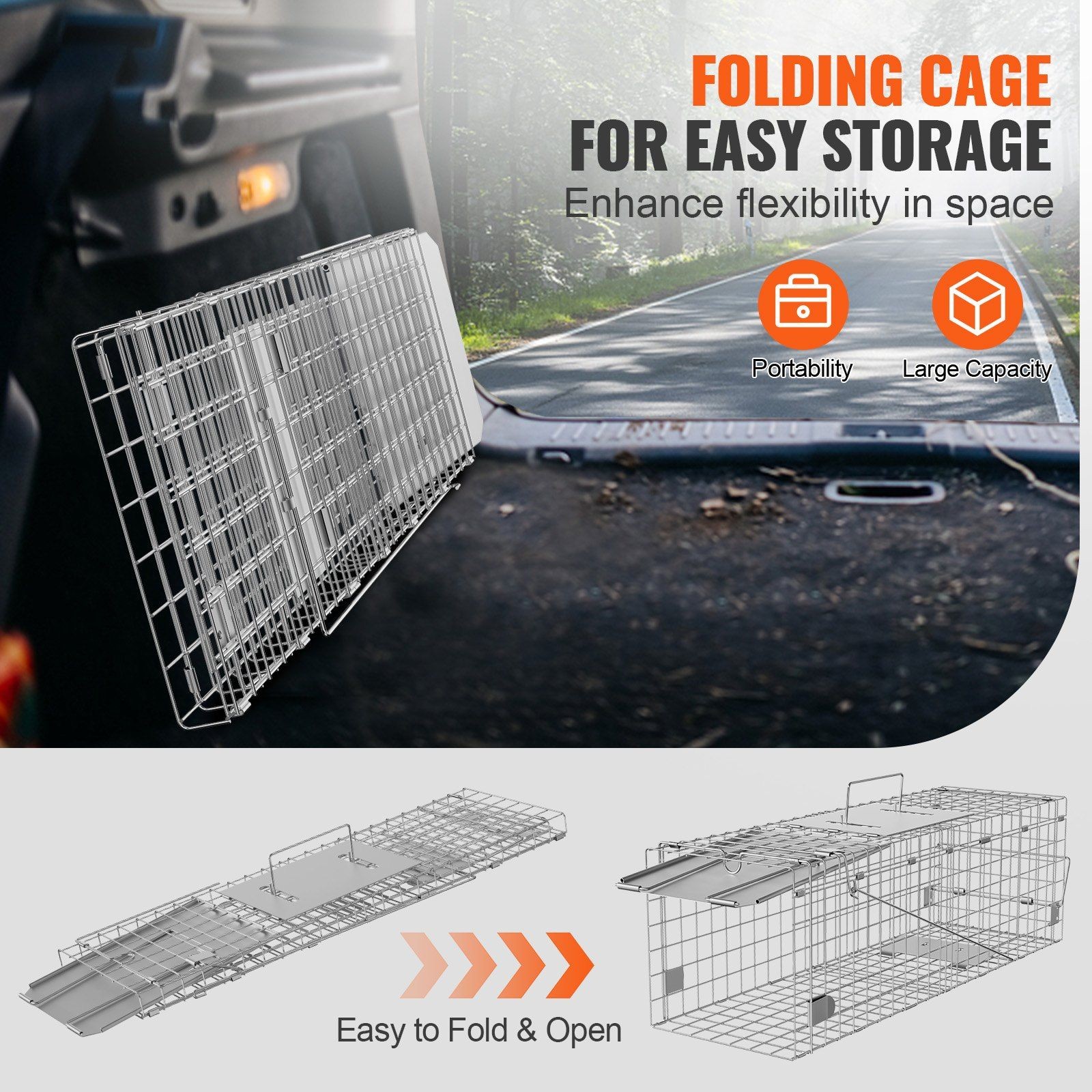 Live Animal Trap 24in, Galvanized Iron, Collapsible with Carry Handle
