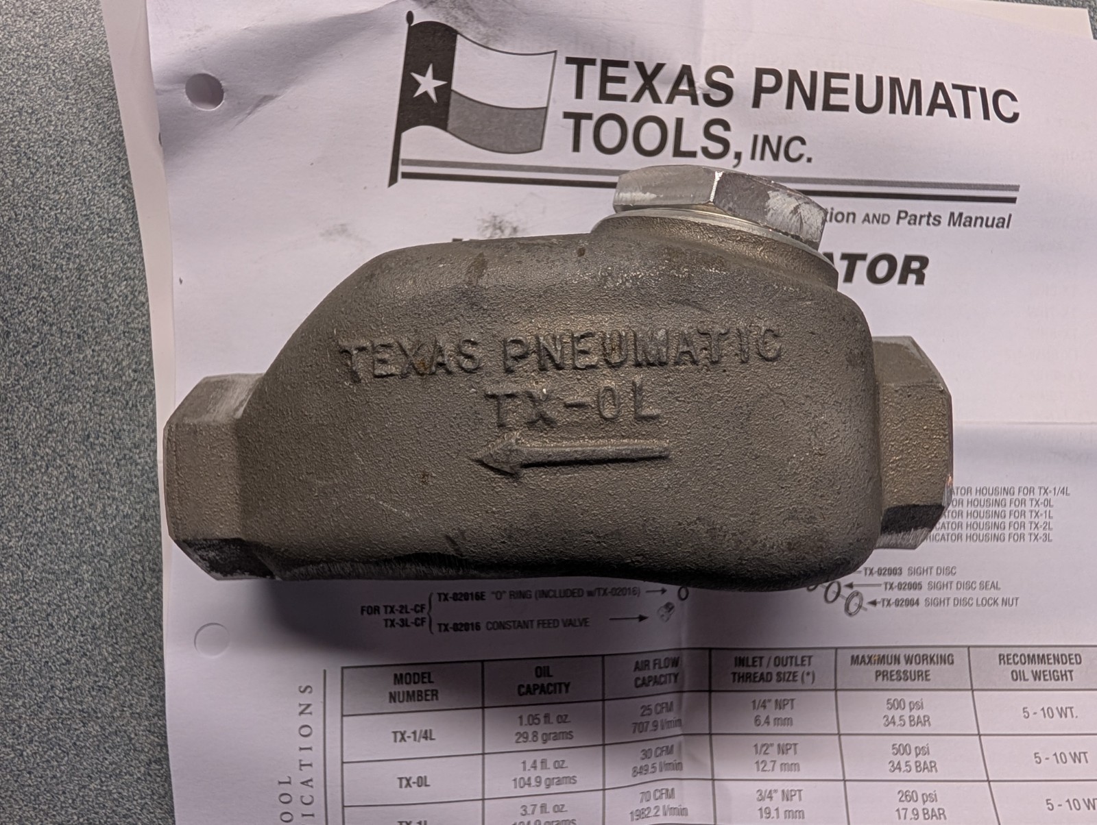 TEXAS PNEUMATIC IN-LINE LUBRICATOR Model TX-0L 1/2″