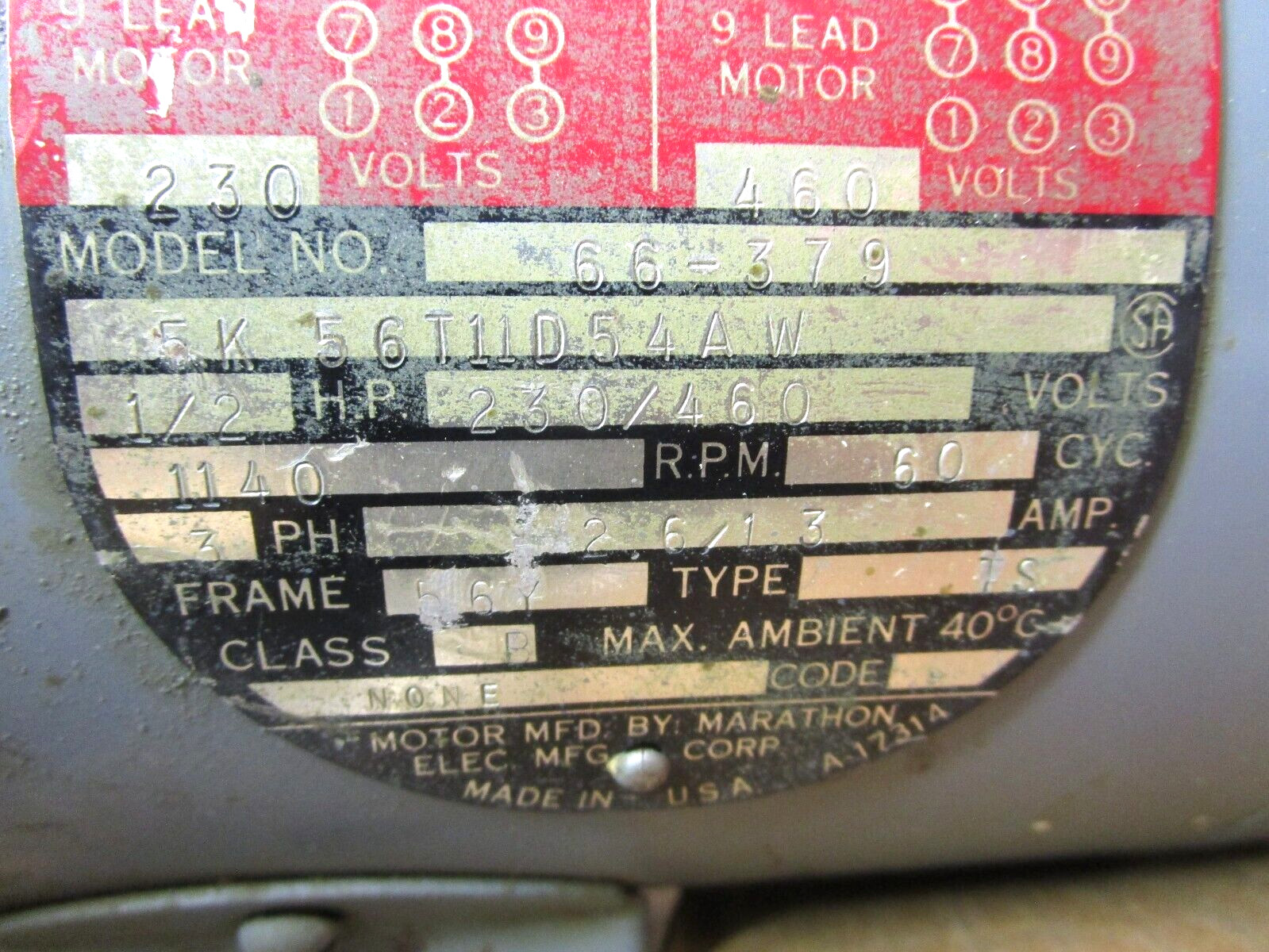 Rockwell 66-379 Electric Motor 1/2 HP 1140 RPM 230/460 Volts 51126LR