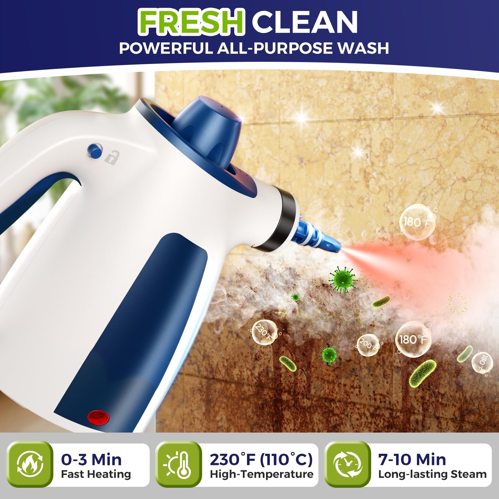 Handheld Steam Cleaner, 230°F Pressurized Steamer L, Ice White & Sky Blue
