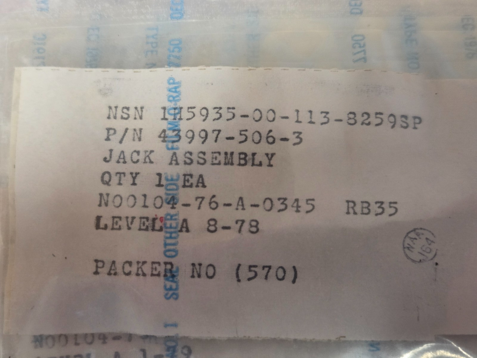 ‘1 PIECE’ – PN# 43997-506-3 – BOEING – JACK ASSY – NSN: 5935-00-113-8259