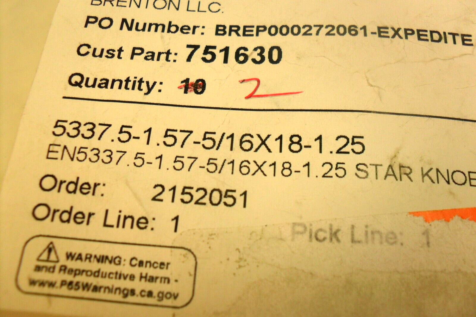 QTY 2 – J.W.Winco Star Knob5/16×18 x 1.25 Stud Length NEW