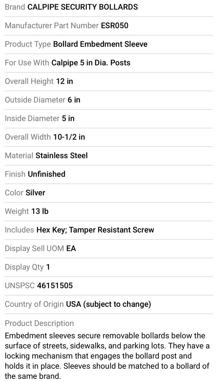 Calpipe ESR050 Bollard Embedment Sleeve, Stainless Steel, 6 in O.D., 5 in I.D.