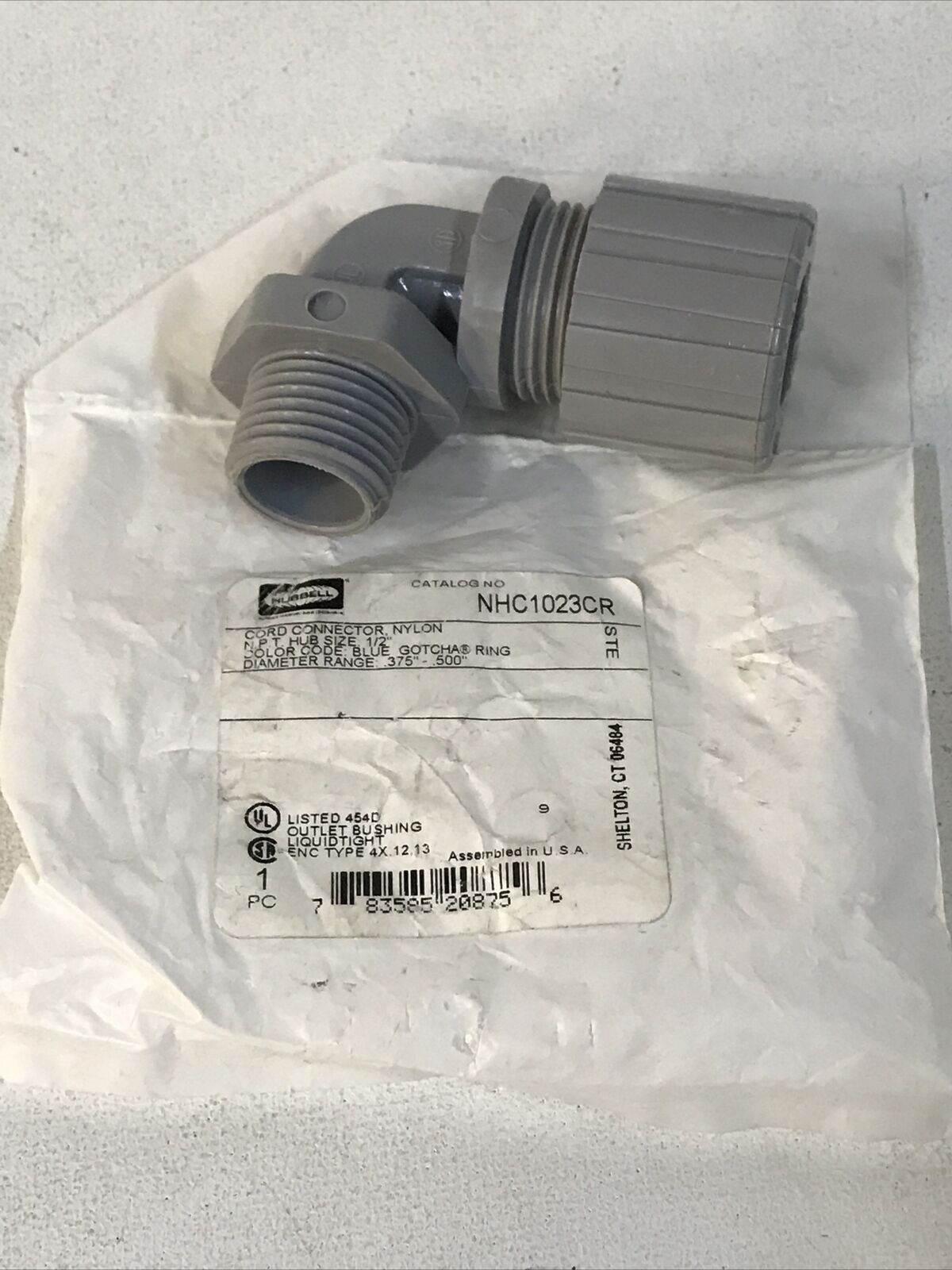 HUBBELL NHC1023CR 1/2″ NPT .375″-.5” Nylon Cord Connector Blue Gotcha Ring