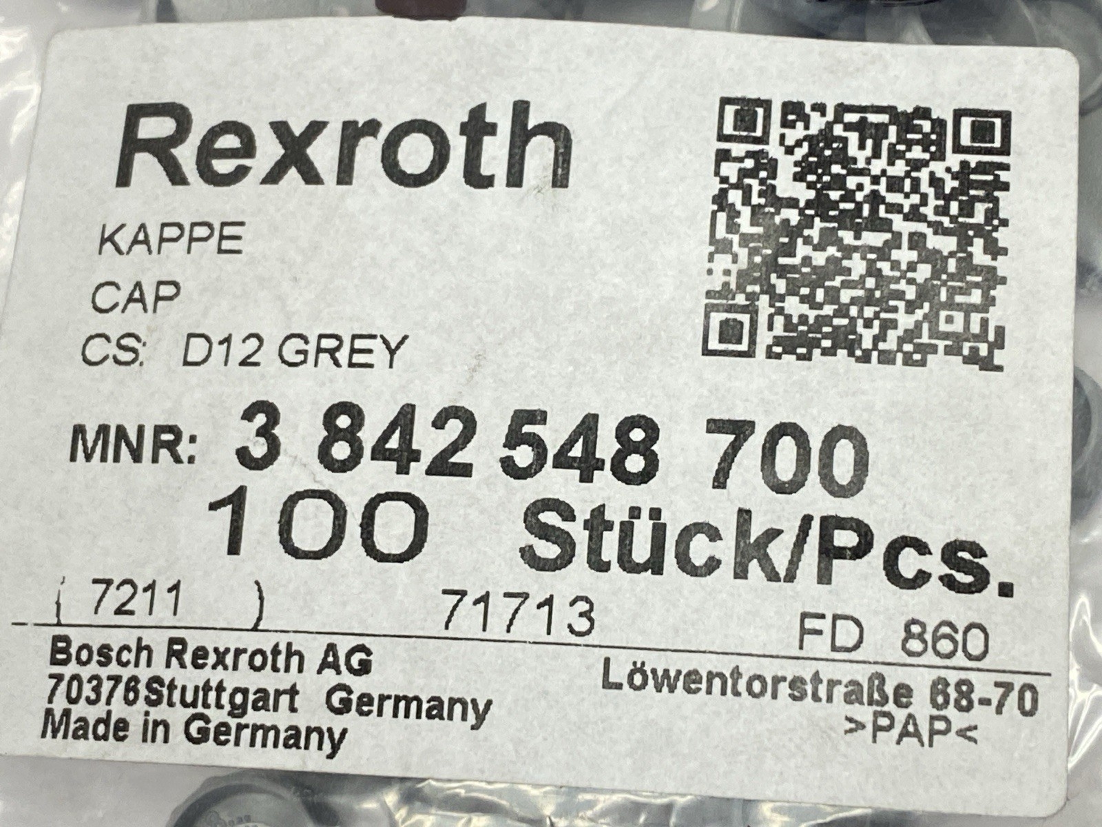 Bosch Rexroth 3842548700 Cover Cap CAP D12 GREY LOT OF 100