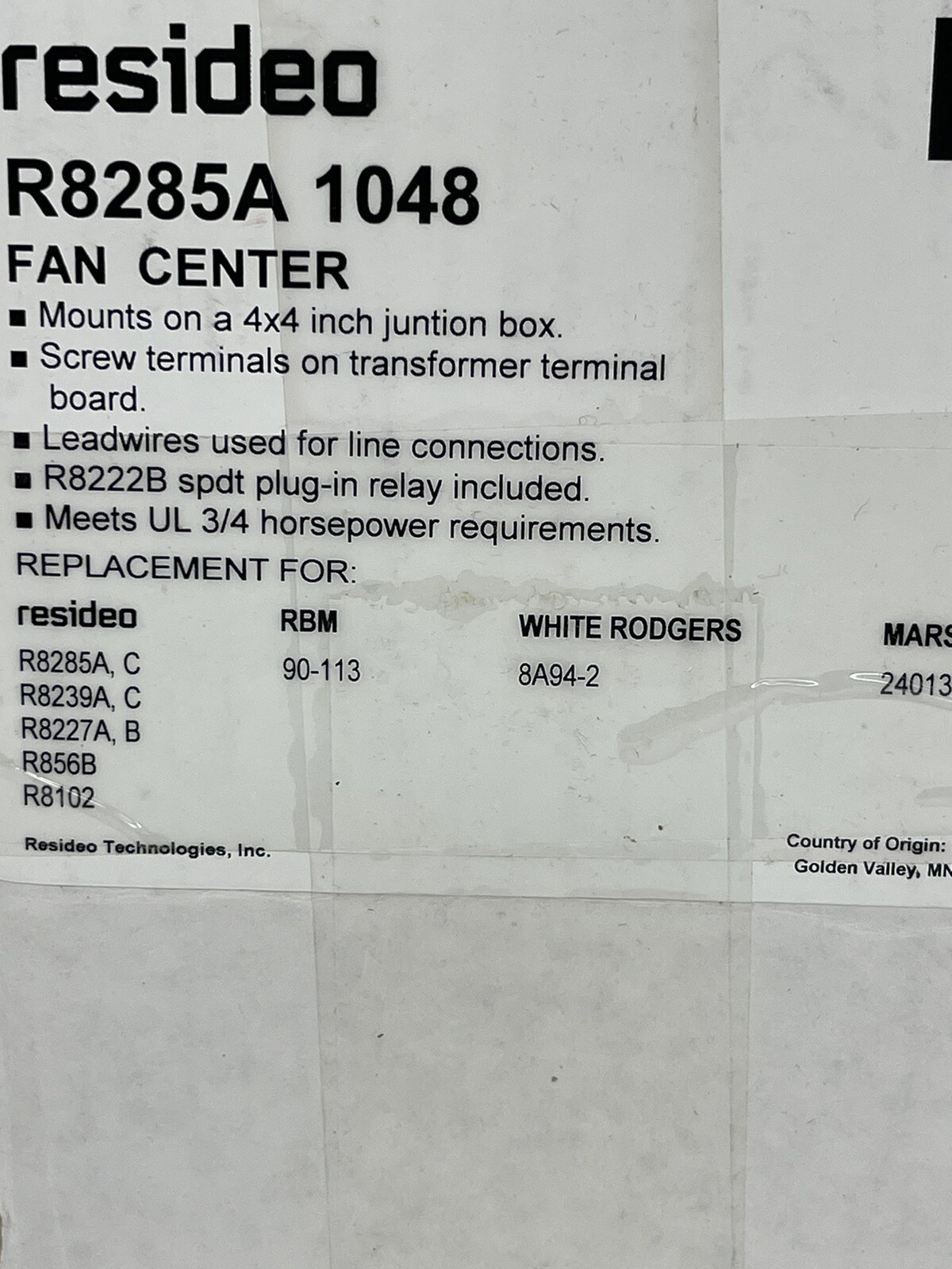 RESIDEO BRAUKMANN R8285A 1048 – 40 VA Fan Center w/ SPDT Switch Includes R8222B