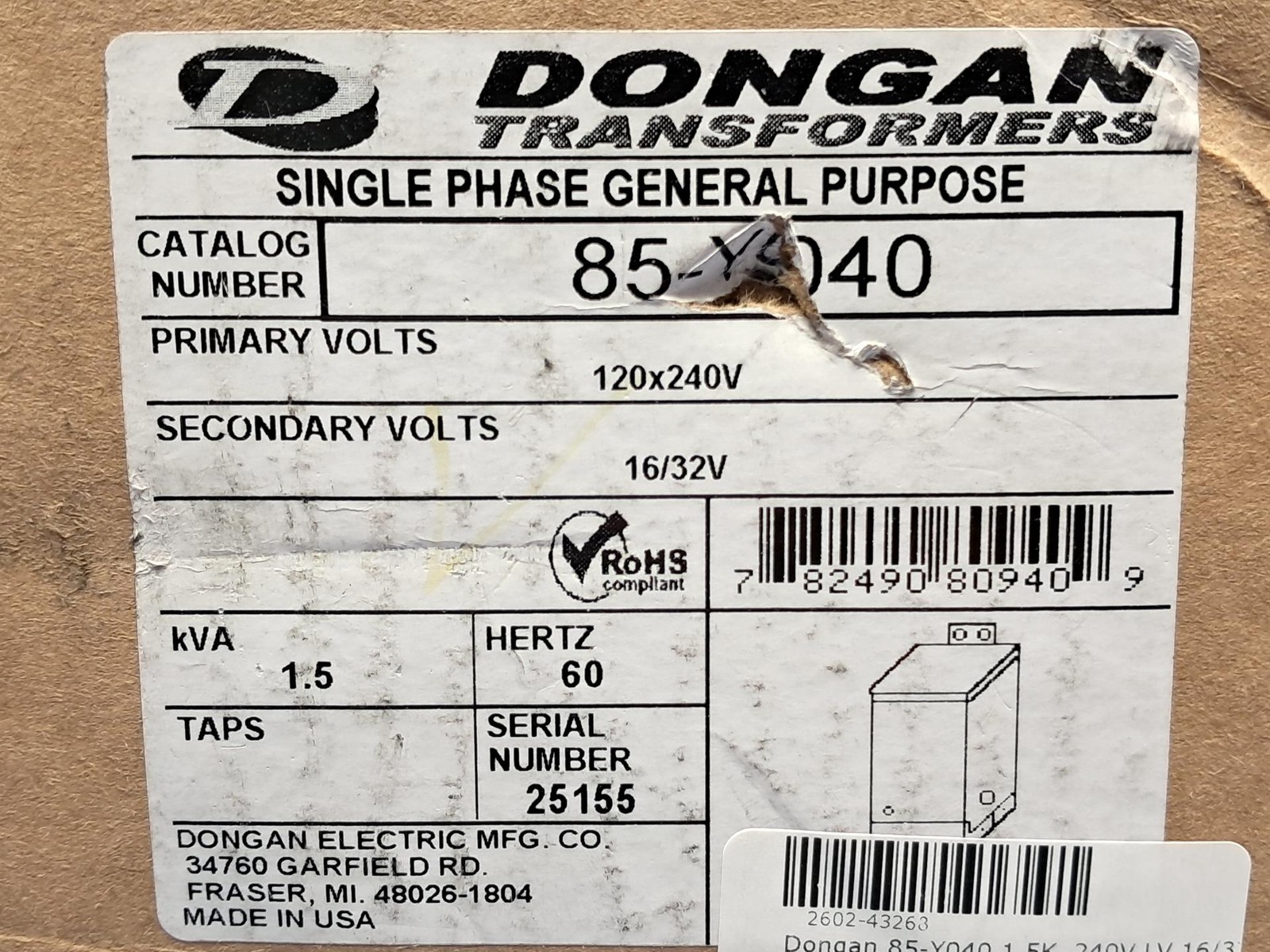 Dongan 85-Y040 1.5KVA 1PH Buck Boost Transformer HV 120X240V LV 16/32 – NEW