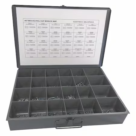 Zoro Select Jbdl24pfws25 Wood Screw Assortment, #6 To #14, Zinc Plated Finish,,