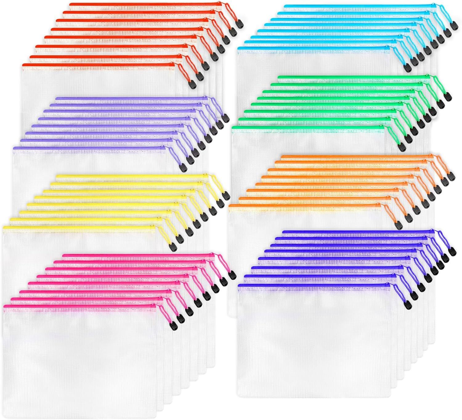 64pcs A4 Mesh Zipper Pouch Bags, Red, Purple, Blue, Green, Orange, Yellow