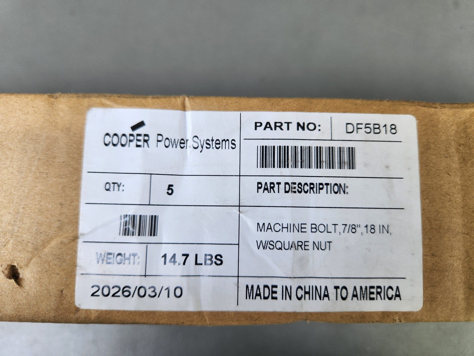 5 Pk EATON COOPER POWER SYSTEMS LLC #DF5B18 Machine Bolt, 7/8 in. Dia x 18 in. L