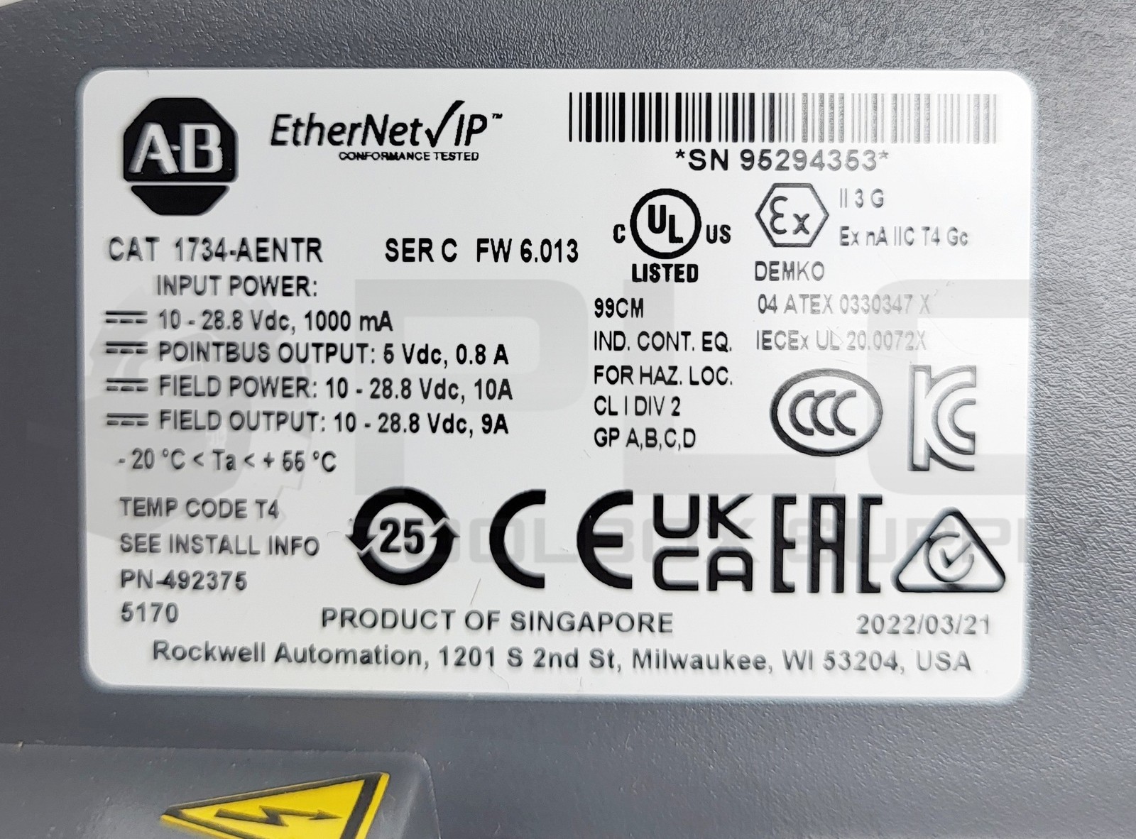 ALLEN BRADLEY 1734-AENTR /C POINT I/O ETHERNET COMMUNICATION MODULE 10-28.8VDC