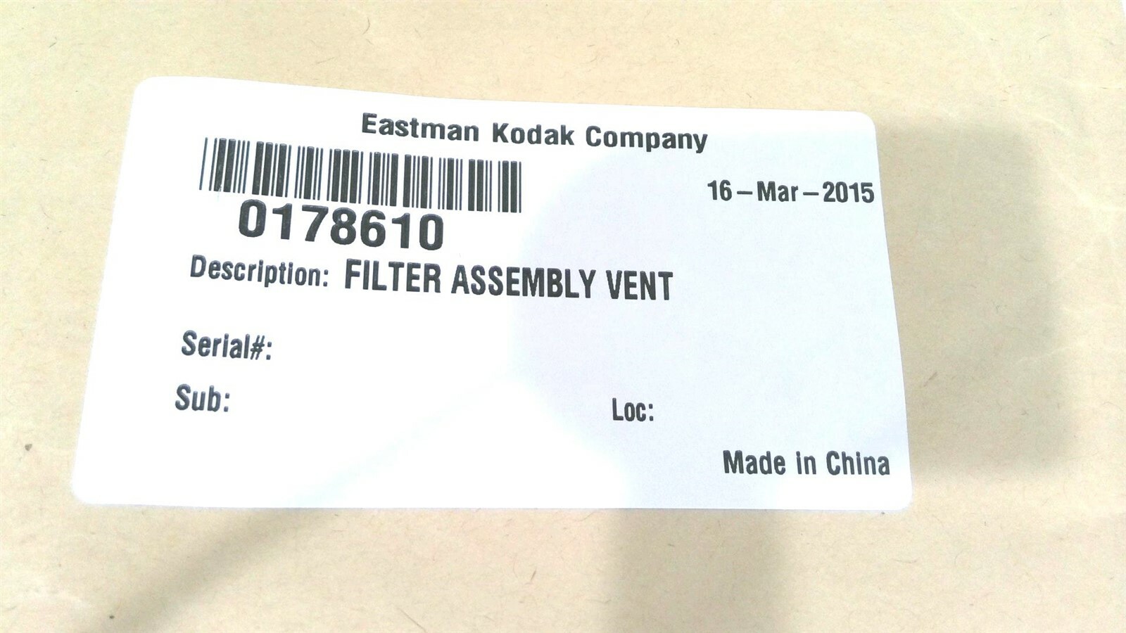 EASTMAN KODAK COMPANY 0178610 FILTER ASSEMBLY VENT, FOR INDUSTRIAL PRINTER