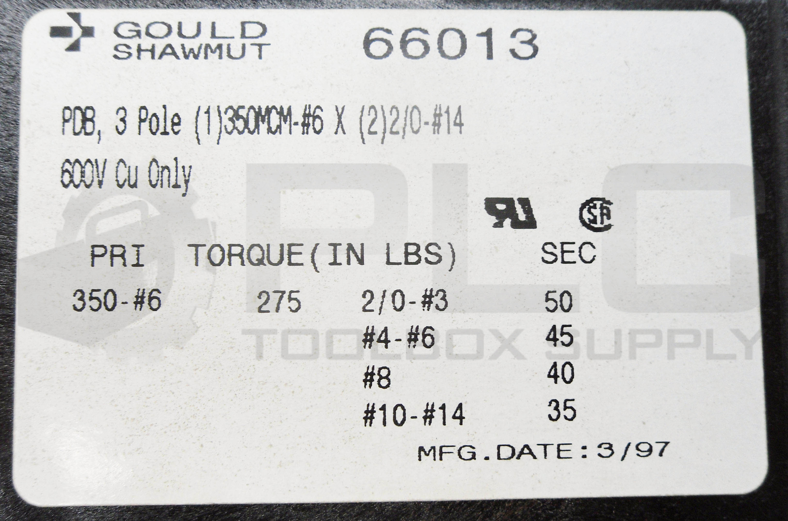 NEW GOULD SHAWMUT 66013 FUSE DISTRIBUTION BLOCK 3P 600V *READ*