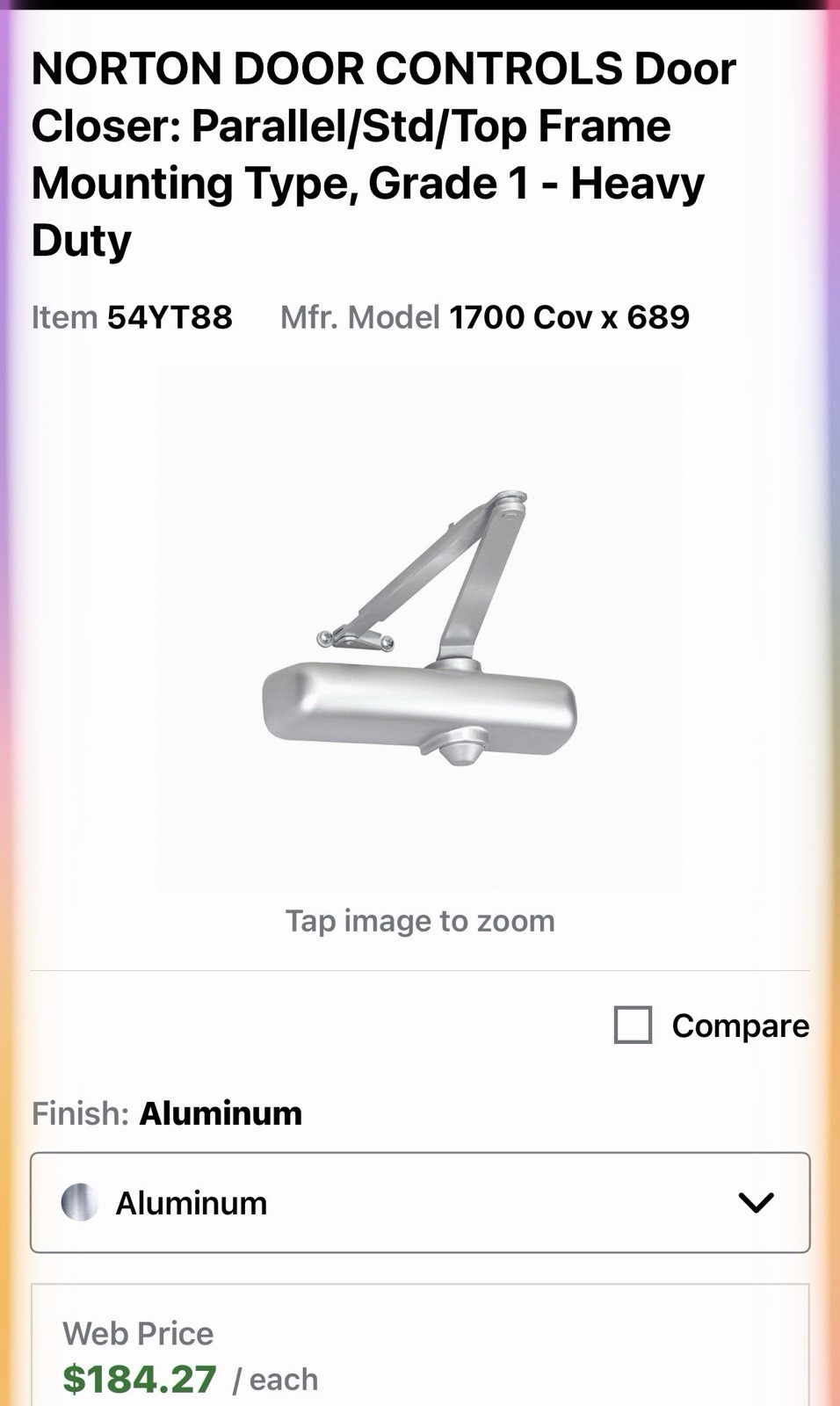 NORTON DOOR CONTROLS 1700H Cov x 689 Door Closer,Norton 1703,Manual,Hold Open 54