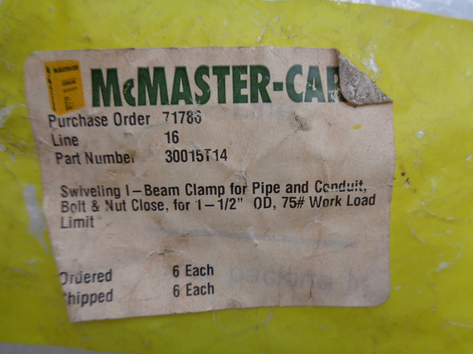 MCMASTER CARR 30015T14 I-BEAM CLAMP PKG OF 6 NSMP