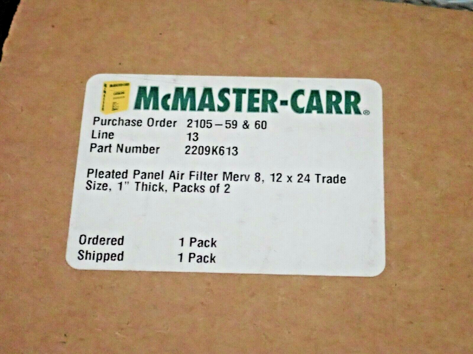 McMASTER CARR 2209K613 PLEATED PANEL AIR FILTER MERV 8, 12X24X1 QUANTITY 2 PACK