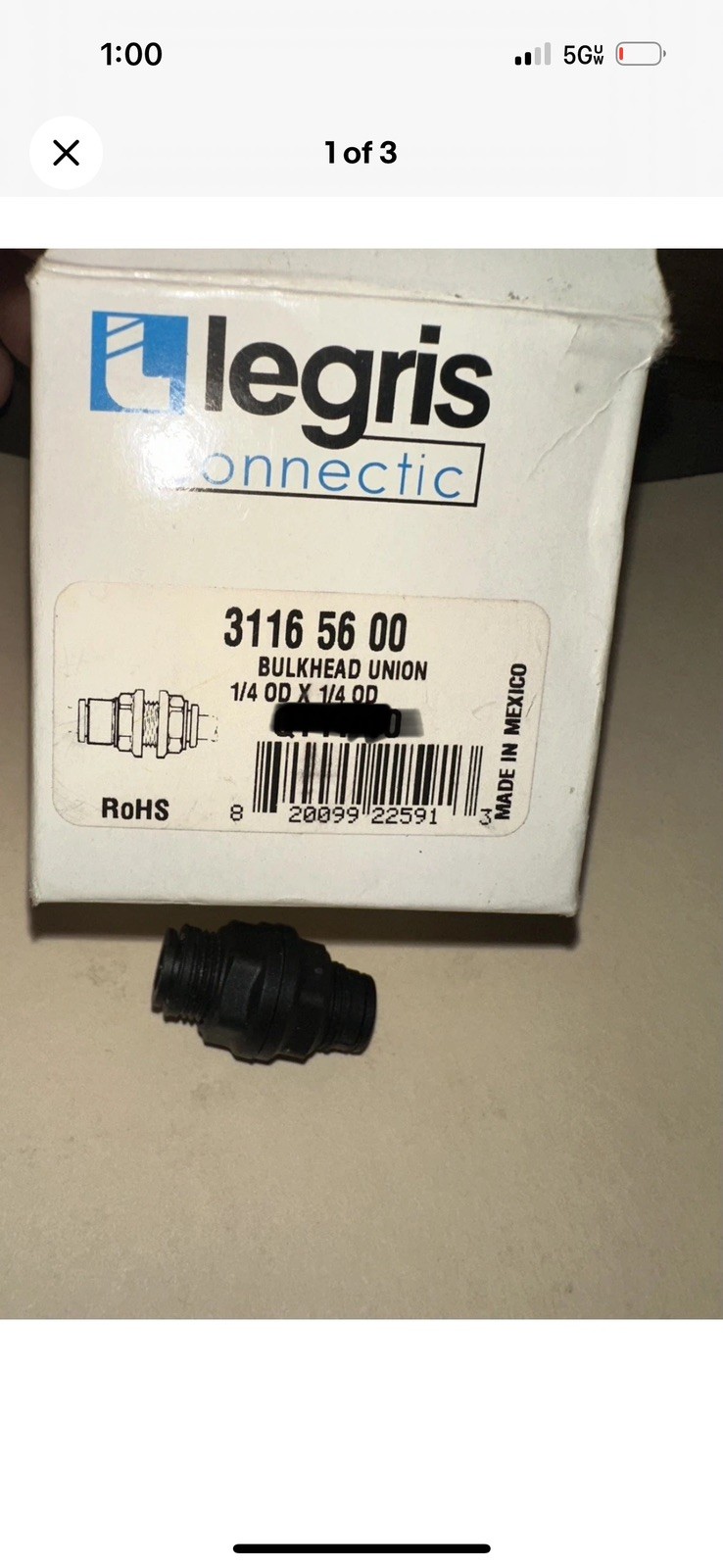 (QTY 4) LEGRIS 3116 56 00 Bulkhead Union,1/4 In OD,PSI 290,PK10 1PFC6