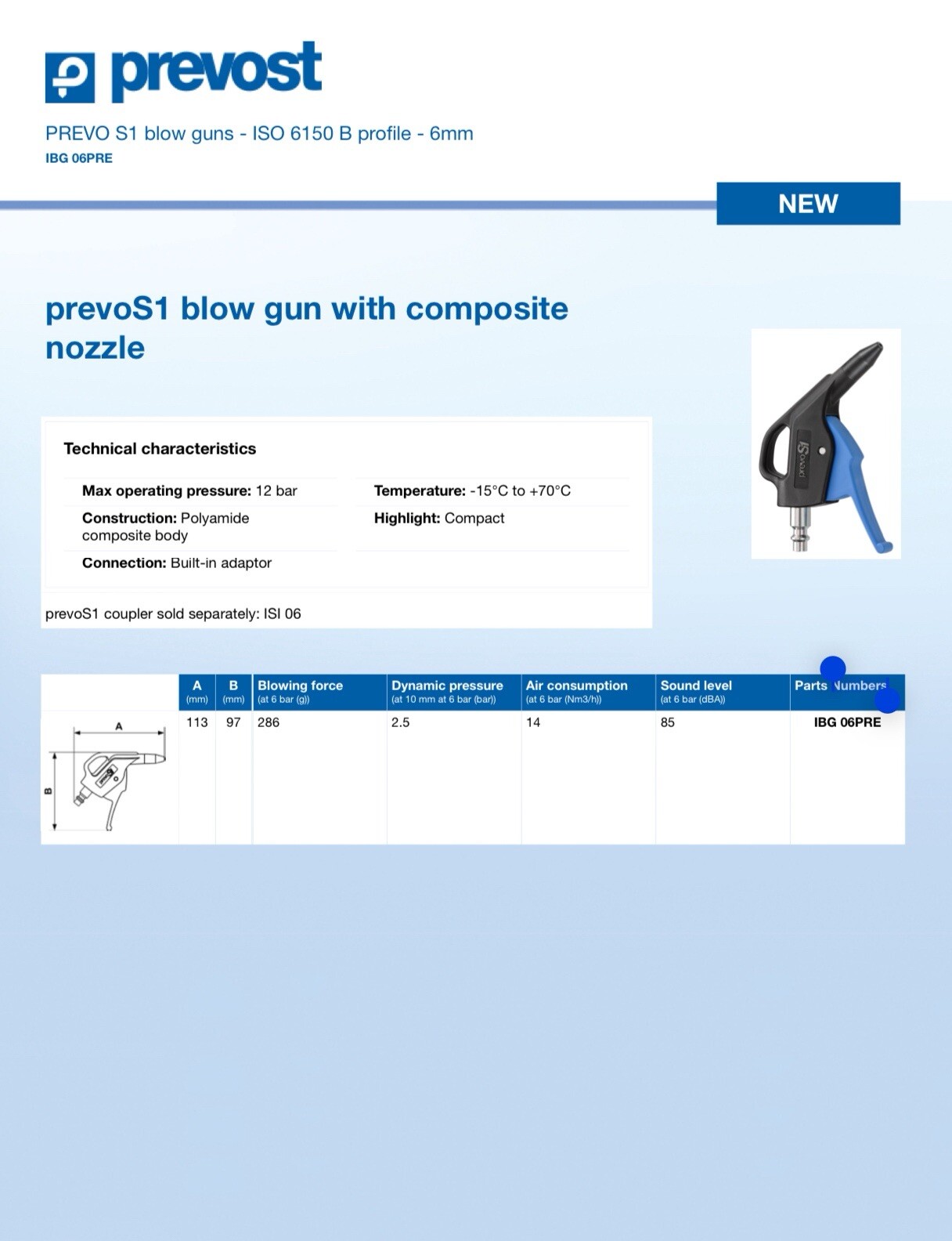 Prevost PREVO S1 Industrial Style High Flow Air Blowgun with Venturi Ports