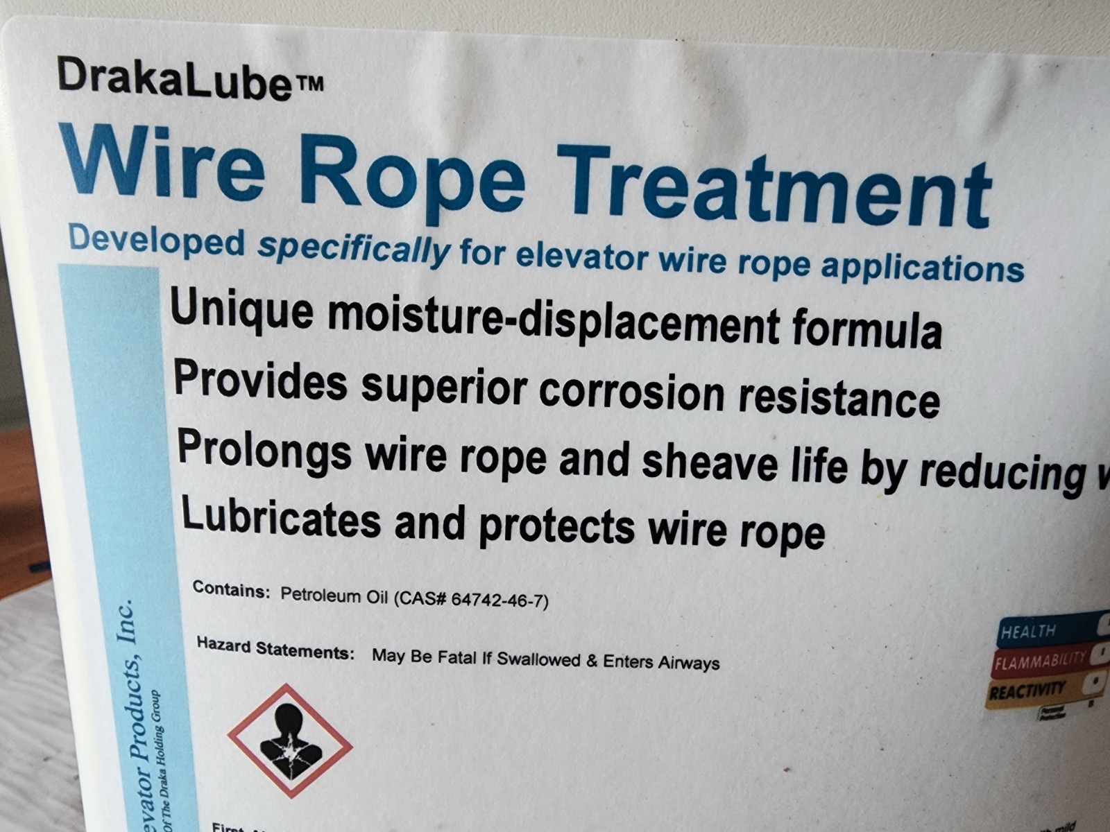 1 Gallon- Draka Elevator Products Wire Rope Lubrication Field Dressing 20E