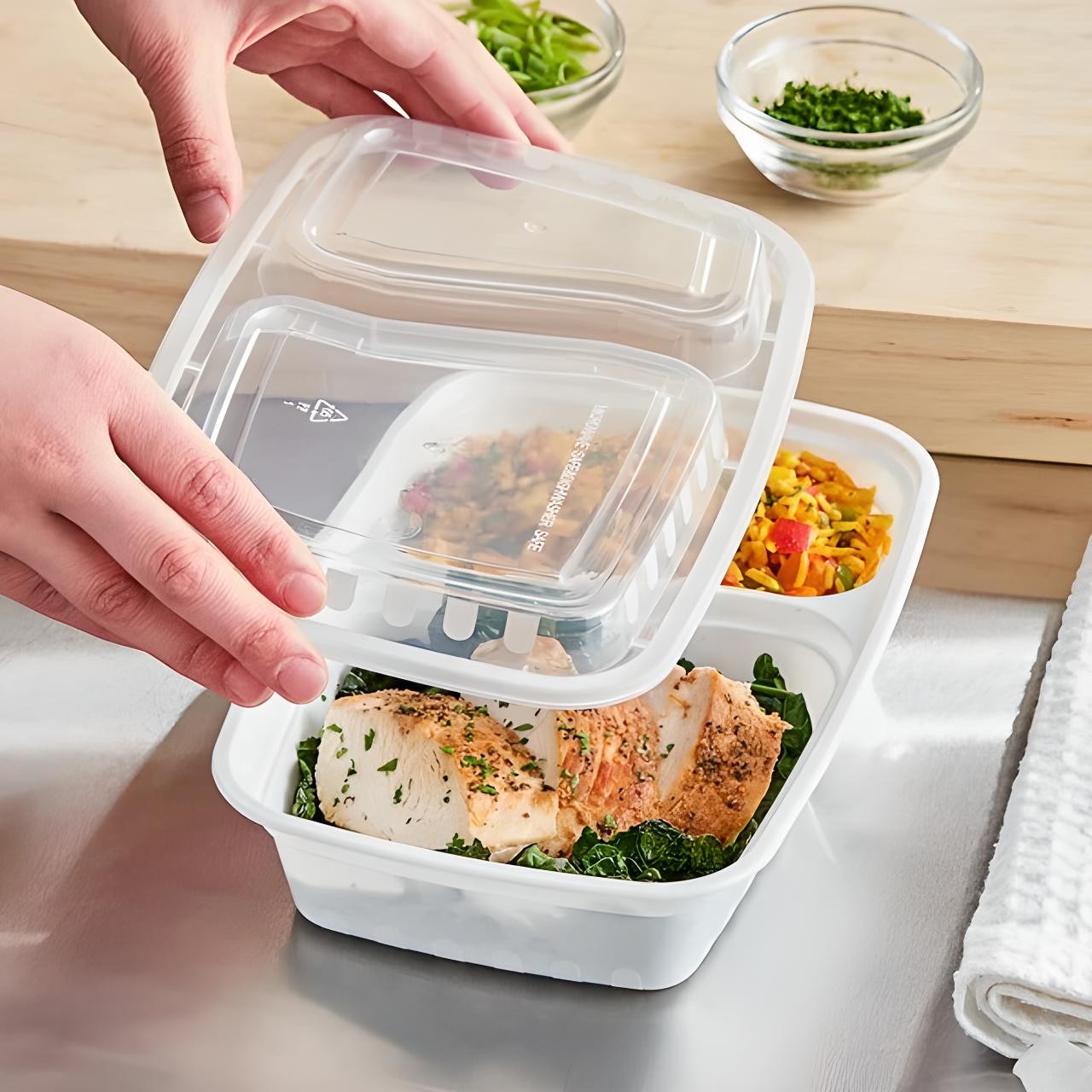 OCS Parts 50-Pack 30 Ounce 2-Compartment Microwavable White Food Prep Containers