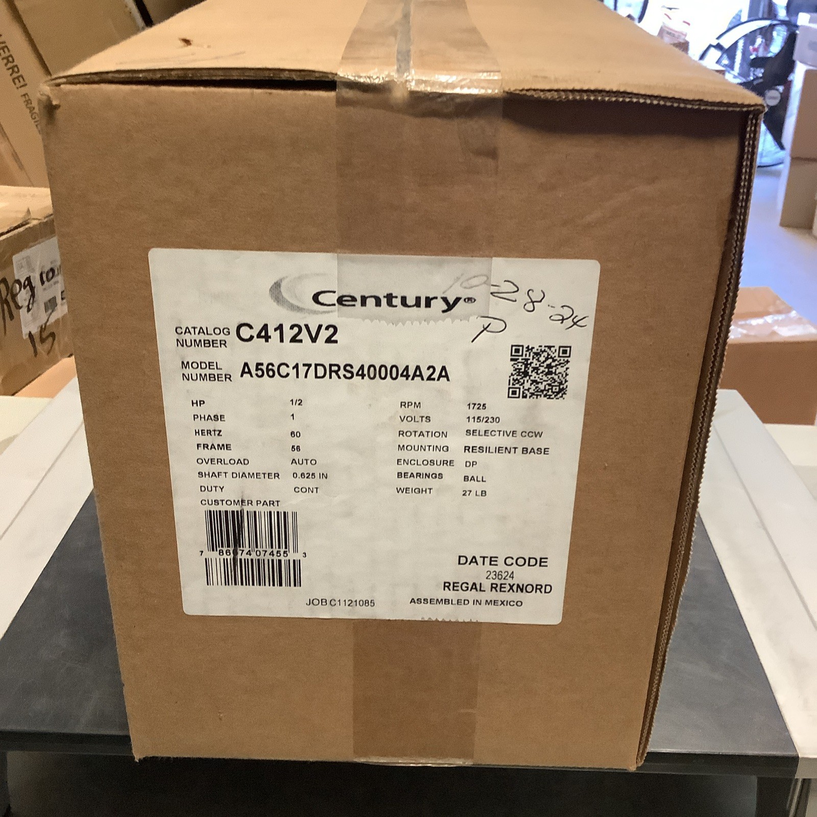 CENTURY C412V2 Motor, 1/2 HP, 1725 rpm, 56 Frame, 115/208-230V