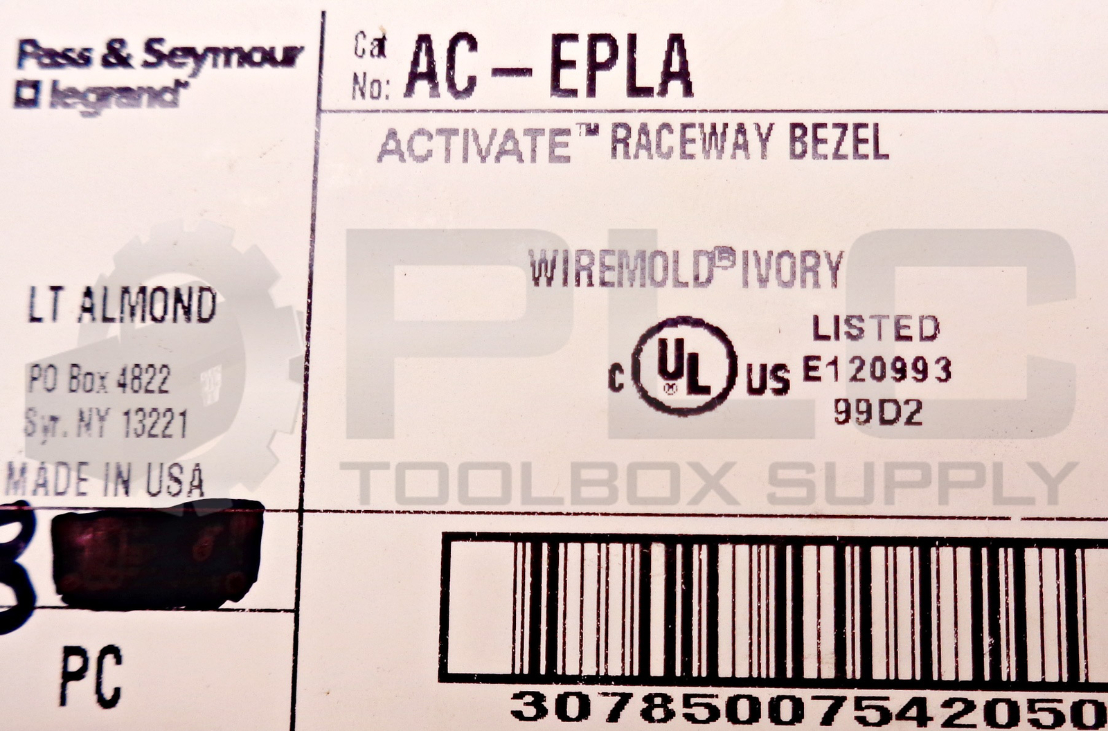 BOX OF 8 NEW PASS & SEYMOUR AC-EPLA RACEWAY BEZEL W/ OUTLET ID LABELS LT ALMOND