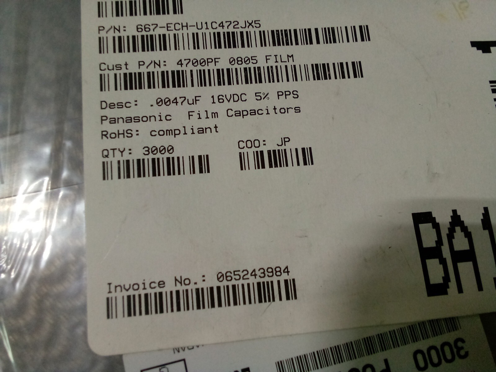 Mouser Electronics Panasonic Film Capacitors, 3000Qty. ECHU1C472JX5